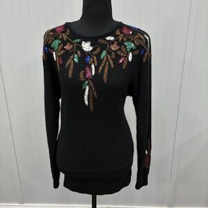 VTG IB Diffusion Womens Small Black Floral Sequin Silk Rabbit Hair Blend Sweater